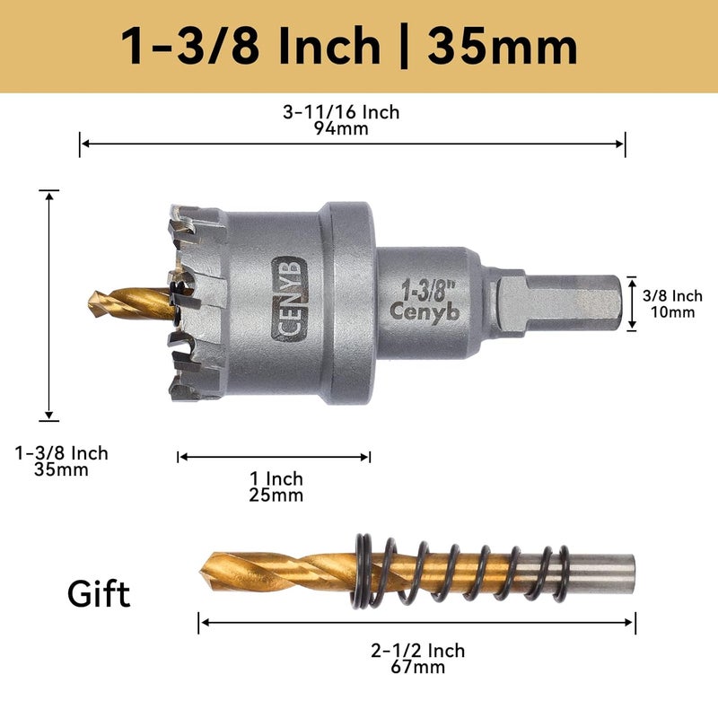 cenyb 1-3/8" (35mm) Tungsten Carbide Tipped Hole Saw with 2Pcs Titanium-Plated Pilot Drill Bits for Hard Metal,Stainless Steel,Iron,Aluminum Alloy,Wood and Plastic - Image 2